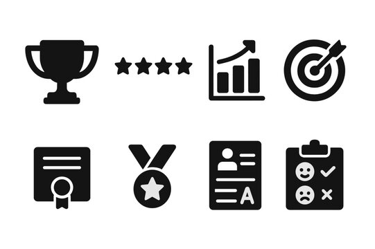 Employee Performance Icons. Solid, filled icon set of employee performance: trophy, star rating, graph, target, certificate, medal, report card, feedback form.