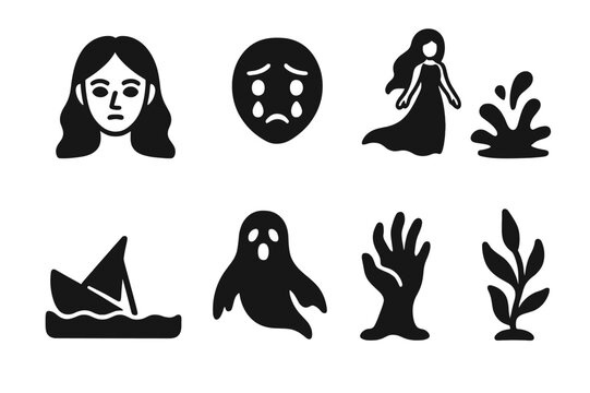 Rusalka Mythology Icons. Solid, filled icon set of rusalka mythology: spirit face, watery eyes, flowing dress, water splash, sunken boat, lost soul, ghostly
