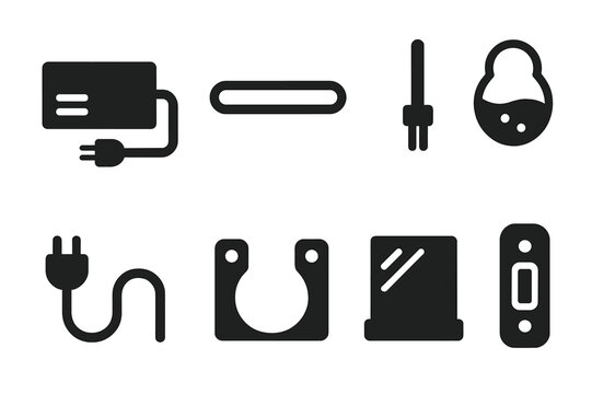 Neon Light Components Icons. Solid, filled icon set of neon light components: transformer, glass tube, electrode, gas fill, power cable, mounting bracket,