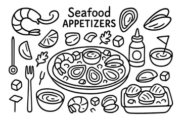 Seafood Appetizer Icons. Hand-drawn doodle illustration [Seafood appetizers] [shrimp, oysters, mussels, cocktail sauce, skewers, lemon, parsley, platter, fork,