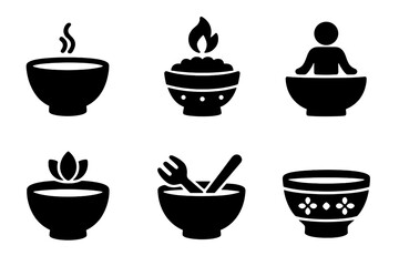 Fototapeta premium Cultural Bowls Icon Set. Solid, filled icon set of bowls in cultural contexts: tea bowl, rice bowl, ceremonial bowl, meditation bowl, offering bowl, cooking