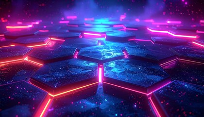 Abstract hexagonal pattern with vibrant neon lights