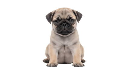 Obraz premium Adorable pug puppy sitting patiently looking directly at the camera with curiosity.