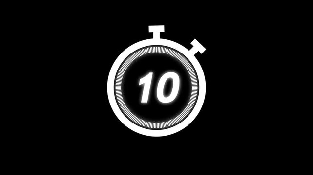 10 minute stopwatch icon isolated 10 minute timer animation countdown, Analog of simple clean timer motion graphic with text numbers, in and out, exercise pause, animated icon.