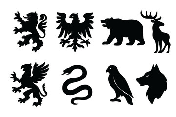Naklejka premium Animal Crest Icons. Solid, filled icon set of animal crests: lion rampant, eagle spread wings, bear, stag, griffin, serpent, falcon, wolf head. Solid, filled