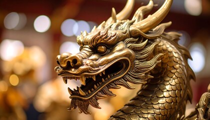 Close-up of a golden dragon statue head