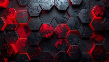 Abstract hexagonal wall with red glow