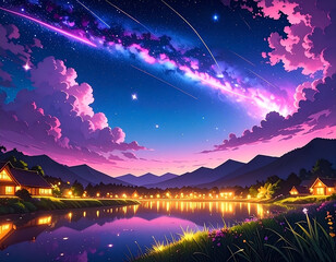 A beautiful, serene anime-style landscape of a lake at night, with a shooting star and vibrant, colorful clouds. Generative AI