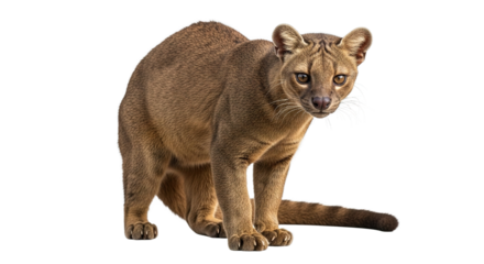 Brown feline animal stands against a white background looking at the viewer.