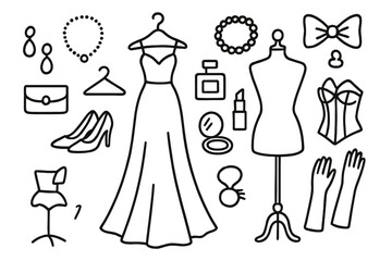 Evening Gown Essentials. Hand-drawn doodle illustration [evening gown] [gown, hanger, high heels, clutch, necklace, bracelet, earrings, perfume bottle,