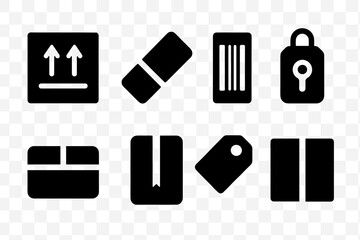 Parcel Icon Set. Solid, filled icon set of parcel banderol: shipping label, adhesive band, barcode sticker, security tag, wrapped strip, package seal, product