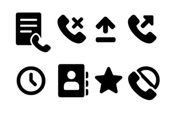 Call History Icons. Solid, filled icon set of call history: call log, missed calls, dialed calls, received calls, call duration, contact list, favorites,
