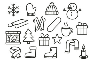 Winter Holiday Doodles. Hand-drawn doodle illustration winter holiday snowflake, mitten, wool hat, snowman, sled, ski, snowboard, hot cocoa cup, fireplace,