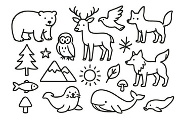Northern Wildlife Doodle. Hand-drawn doodle illustration Northern Hemisphere wildlife polar bear, deer, fox, wolf, eagle, owl, fish, seal, whale, pine tree,