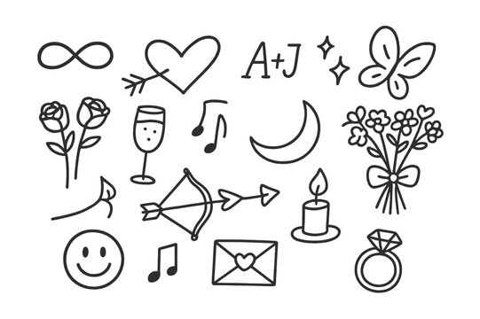 Romantic Doodle Collection. Hand-drawn doodle illustration Romantic Symbols infinity sign, heart with arrow, intertwined initials, butterfly, star sparkles,