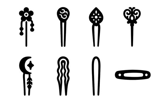 Cultural Hairpin Icons. Solid, filled icon set of hairpin cultural styles: Japanese kanzashi, Chinese hairpin, Indian hairpin, Victorian hairpin, Bohemian