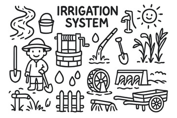 Irrigation System Doodle. Hand-drawn doodle illustration Irrigation System [water canal, bucket, pump, well, rope, bamboo pipe, shovel, farmer, droplet, water