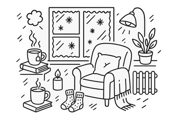 Cozy Winter Nook. Hand-drawn doodle illustration cold window interior cozy chair, knit socks, window frost, radiator, book, hot drink, frosted frame,