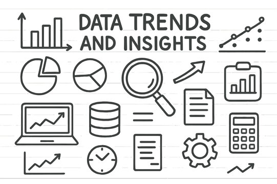 Data Insights Doodles. Hand-drawn doodle illustration Data trends and insights, bar chart, pie chart, line graph, scatter plot, magnifying glass, laptop,