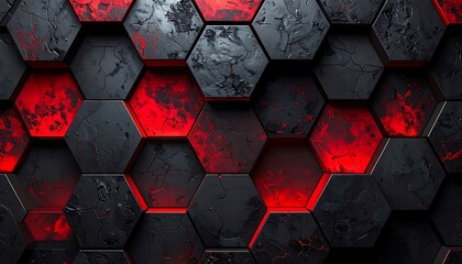 Abstract honeycomb pattern with dark grey/black hexagons and glowing red interior