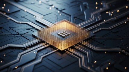 Closeup of a futuristic microchip processor with glowing gold elements, showcasing advanced technology and intricate design