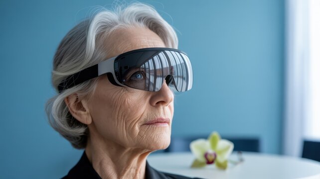 Senior woman wearing a light therapy eye mask, showcasing a modern approach to wellness and relaxation, promoting eye health and reducing eye strain