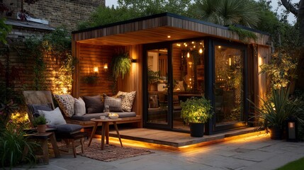 Obraz premium Cozy Modern Garden Shed with Elegant Lighting and Stylish Outdoor Decor
