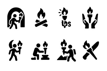 Torch Use Icon Set. Solid, filled icon set of torch uses: cave exploration, campfire lighting, emergency signal, torch relay, night walking, ritual lighting,