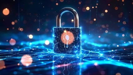 Digital Security: Futuristic Lock and Glowing Network on a Blue Background - Powered by Adobe