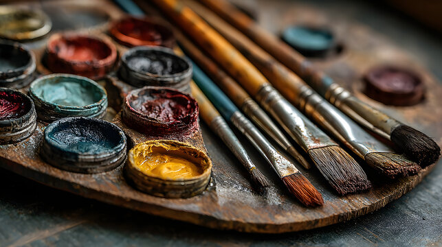 set of accessories for painting with paints and brushes. fine art tools. creative composition in flatley style