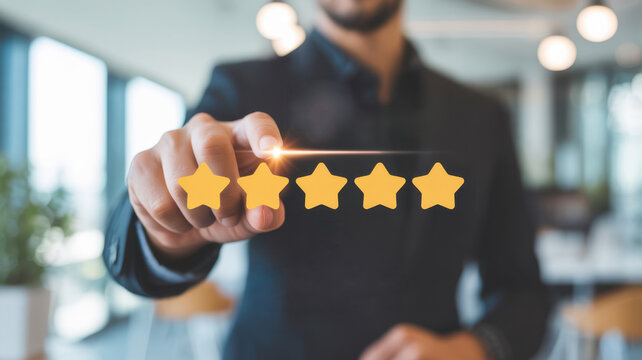 Man pointing at five star rating, concept of customer satisfaction, service quality, review, feedback, and excellent performance