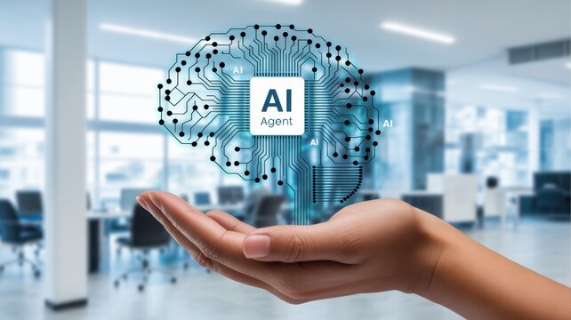 Artificial intelligence agent concept with brain circuit board on hand, representing the future of technology and innovation - Powered by Adobe