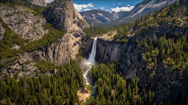 Yosemite Falls - Majestic Waterfall Cascading Through Granite Cliffs and Lush Forest. - Powered by Adobe