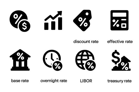 Interest Rate Icons. Solid, filled icon set of interest rate types: nominal rate, real rate, discount rate, effective rate, base rate, overnight rate, LIBOR,