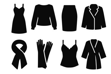 Satin Clothing Icons. Solid, filled icon set of satin clothing items: satin dress, satin blouse, satin skirt, satin jacket, satin scarf, satin gloves, satin