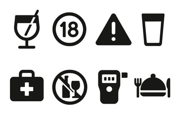 Safety and Moderation Icons. Solid, filled icon set of stirring safety and moderation: drink responsibly sign, age restriction, warning sign, water glass,