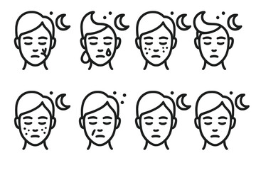 Fototapeta premium Night Skin Care Icons. Solid, filled icon set of night care skin types: dry skin, oily skin, combination skin, sensitive skin, acne-prone, mature skin, normal