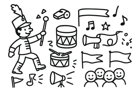 Parade Doodle Extravaganza. Hand-drawn doodle illustration Parade leader [baton, marching boots, hat with plume, whistle, parade float, drum, trumpet, flag,