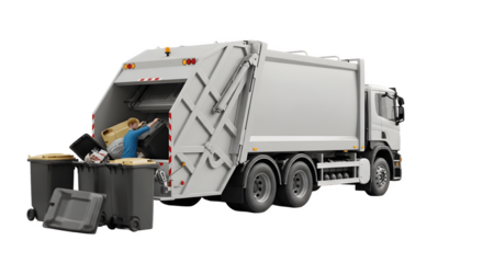 Garbage truck collecting waste from bins.