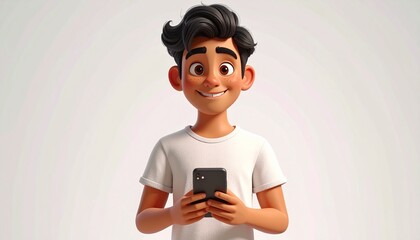 A charming 3D animated young man enthusiastically engages with his smartphone, showcasing digital connectivity and modern communication