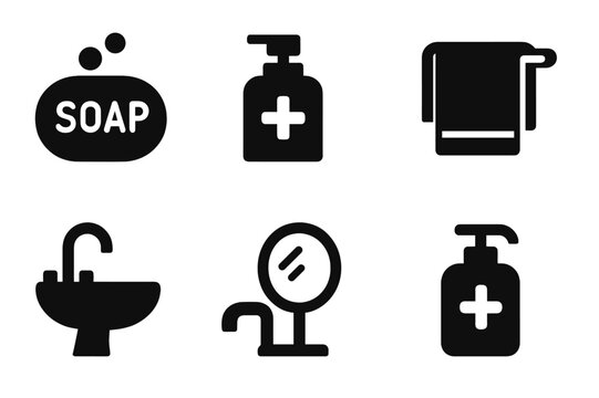 Hygiene Essentials Icons. Solid, filled icon set of soap-related hygiene items: soap bar, hand sanitizer, washcloth, towel, sink, faucet, mirror,
