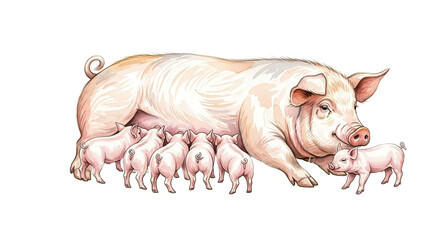 Illustration of a sow nursing several piglets in a grassy outdoor setting.