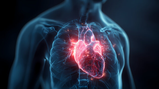 Glowing red heart in human chest anatomy