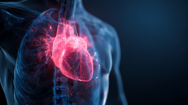 Glowing red human heart in transparent torso