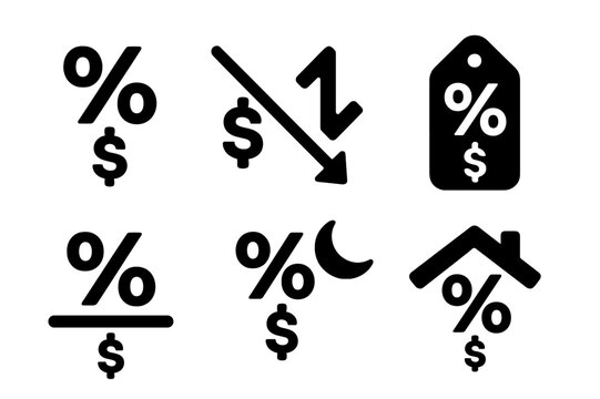 Interest Rate Icons. Solid, filled icon set of interest rate types: nominal rate, real rate, discount rate, effective rate, base rate, overnight rate, LIBOR,