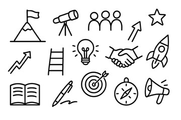 Obraz premium Leadership Icons Doodle. Hand-drawn doodle illustration leadership and vision flag on mountain, telescope, group of people, star, light bulb, arrow, ladder,