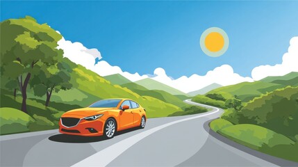 Naklejka premium Orange Car on Winding Road Through Green Hills Under Sunny Sky, Vector Illustration.