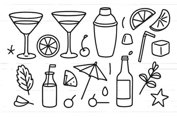 Cocktail Doodle Icons. Hand-drawn doodle illustration Cocktail rim cocktail glass, martini glass, shaker, lemon wedge, orange slice, cherry, umbrella, straw,