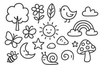 Nature Doodle Icons. Hand-drawn doodle illustration Nature-themed wall stickers, tree, flower, leaf, bird, butterfly, sun, cloud, rainbow, moon, star, rock,