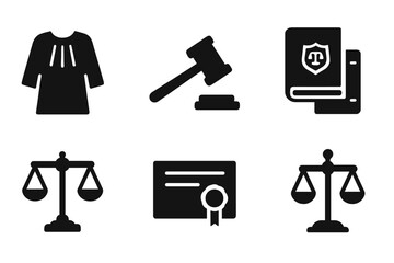 Court Icon Set. Solid, filled icon set of court-related symbols: judge?s robe, court hammer, courthouse pillars, legal books, law scales, certificate, jury